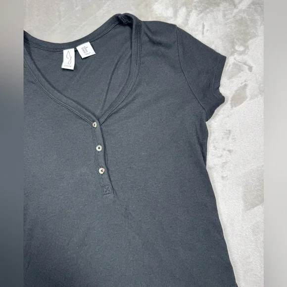Joie Pima Cotton Blend Black Ribbed Henley Stretchy Short Sleeve Top Size M - Picture 3 of 12